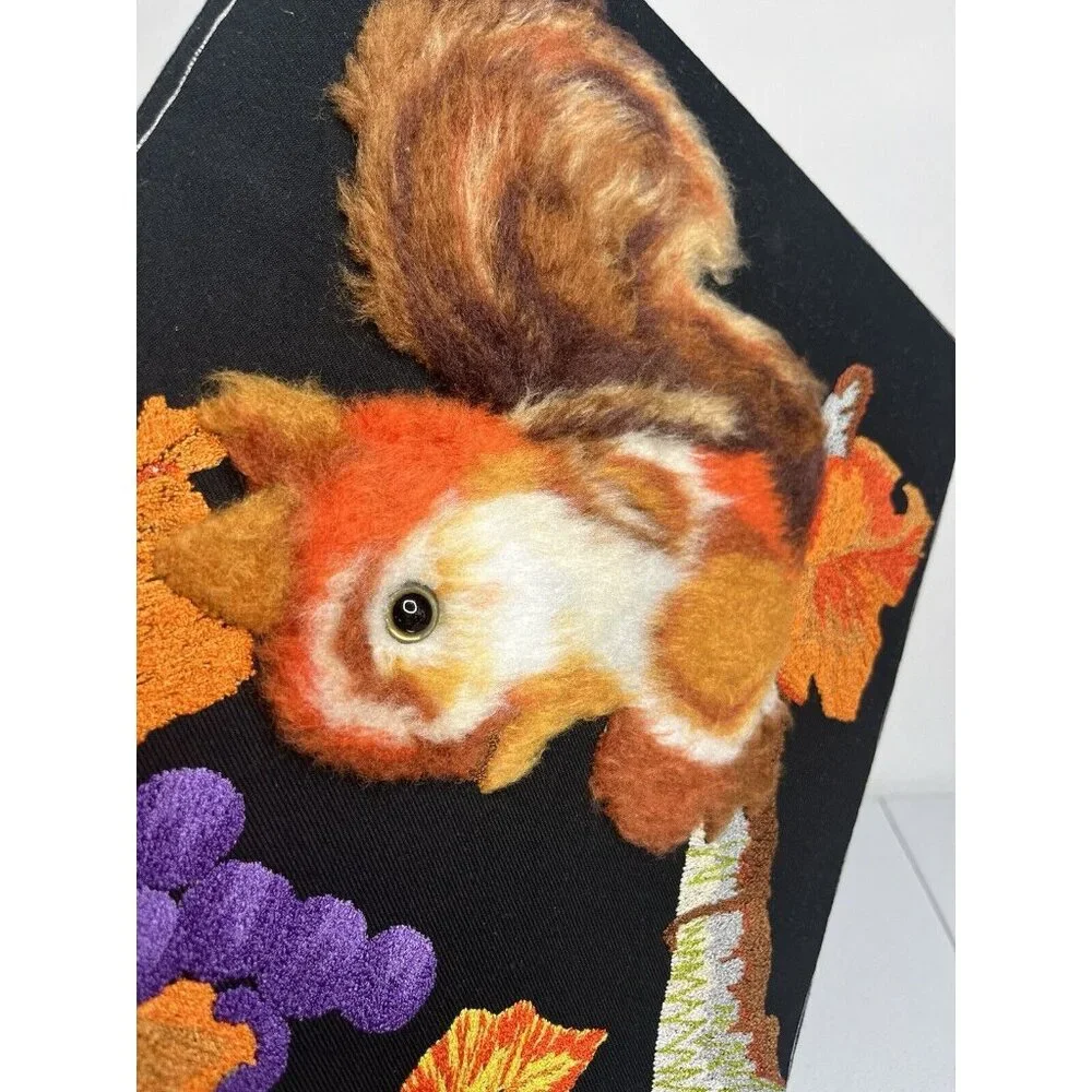 Vtg Handmade Crewel Embroidered Fall Squirrel Leaves Picture Unframed‎ Vibrant